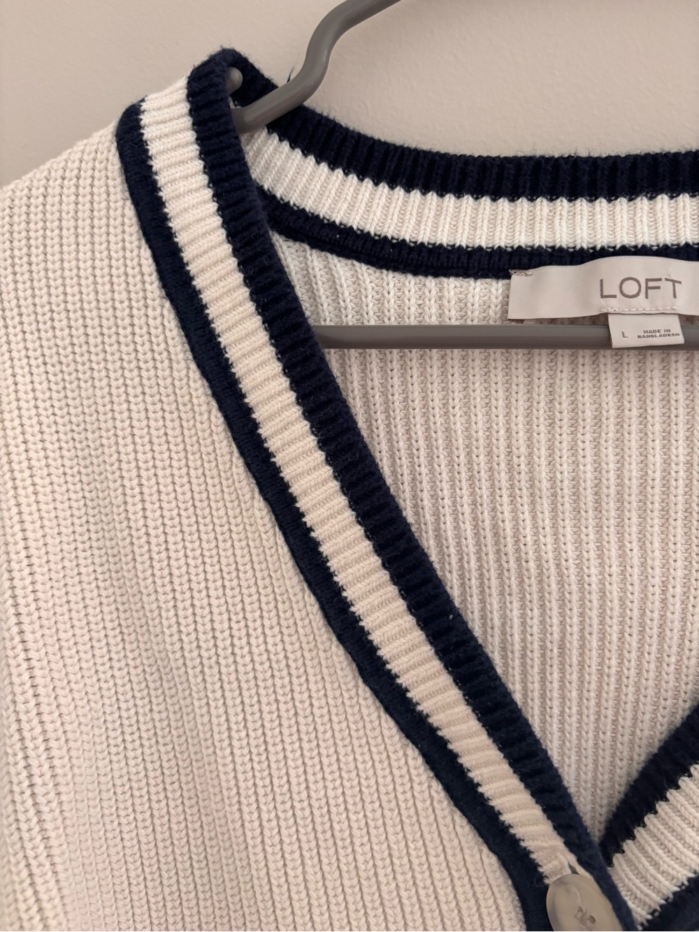 LOFT | Cotton Knit Cardigan - Cream with‎ Navy Trim - Picture 5 of 5